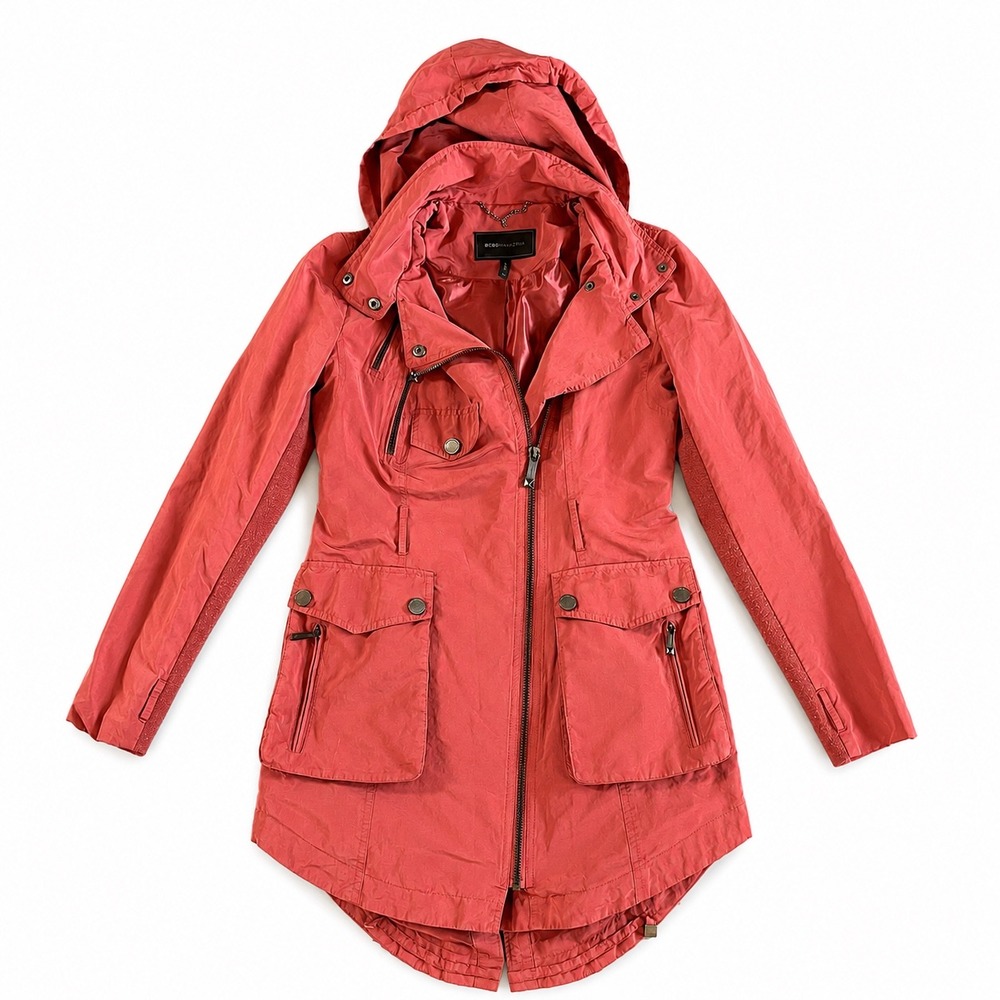 BCBGMAXAZRIA Womens Utility Jacket Pink Hooded Parka Mixed Media‎ XS